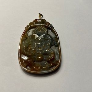 Rare Genuine Jade 14Kt Gold Pendant Dragon Carved